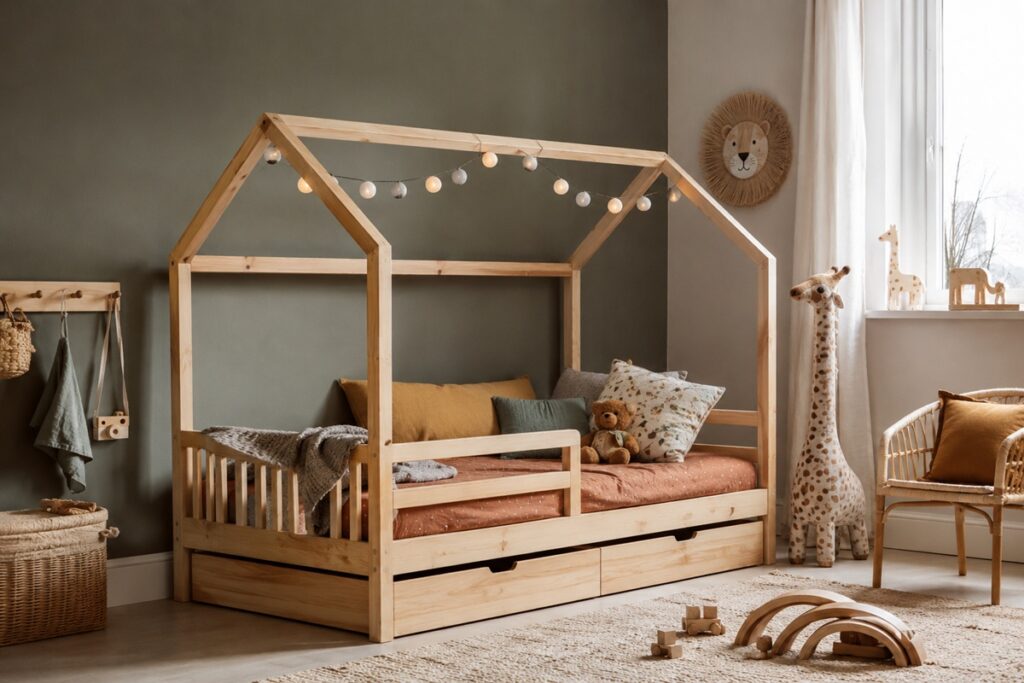 Chambre d’enfant avec lit cabane en bois, rangements intégrés et décoration naturelle