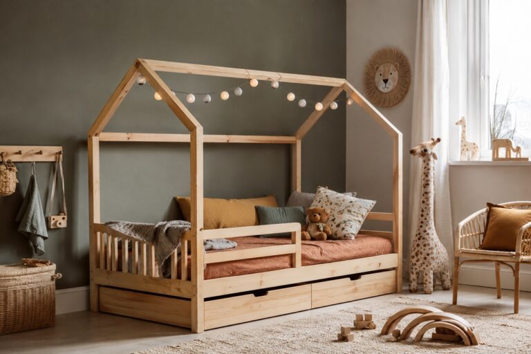 Chambre d’enfant avec lit cabane en bois, rangements intégrés et décoration naturelle