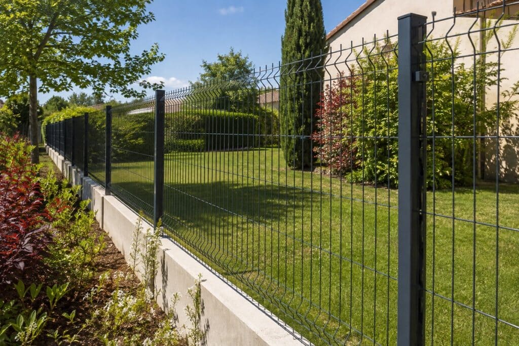 Clôture avec grillage rigide en kit dans un jardin fleuri