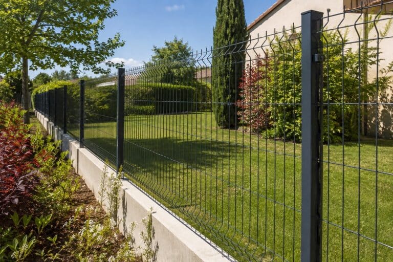 Clôture avec grillage rigide en kit dans un jardin fleuri