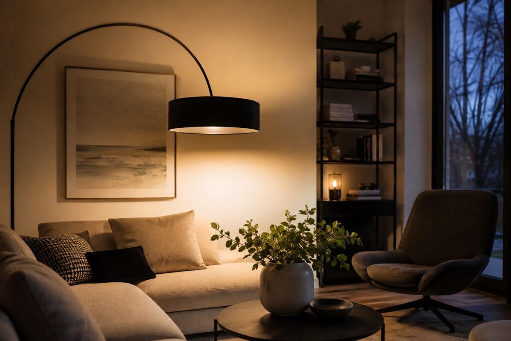 Salon moderne chaleureux au crépuscule éclairé par un lampadaire design