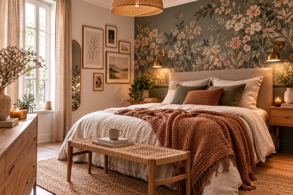chambre bohème avec mur d'accent en papier peint à fleurs