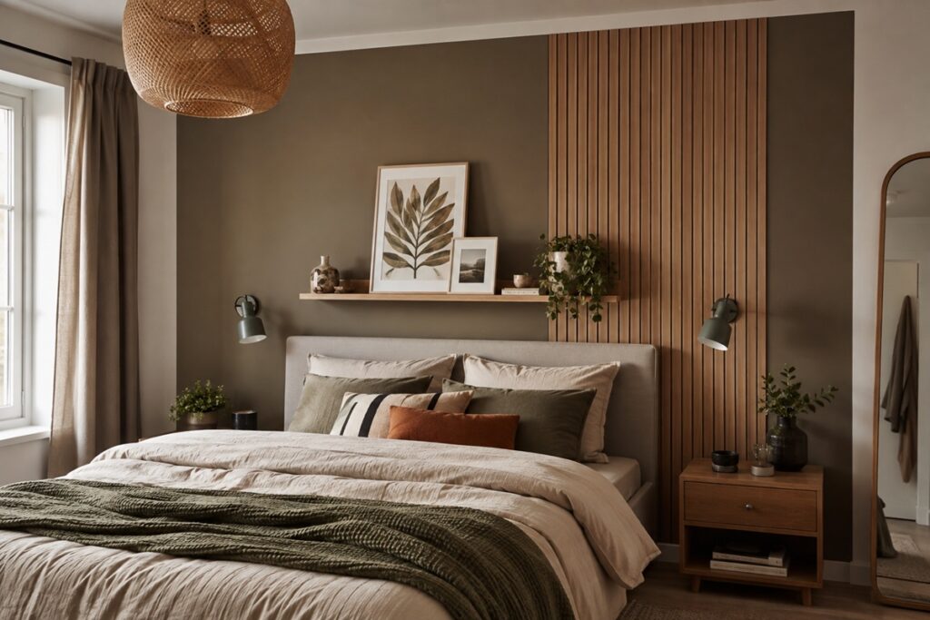 chambre dans les tons de terre avec un mur d'accent magnifique