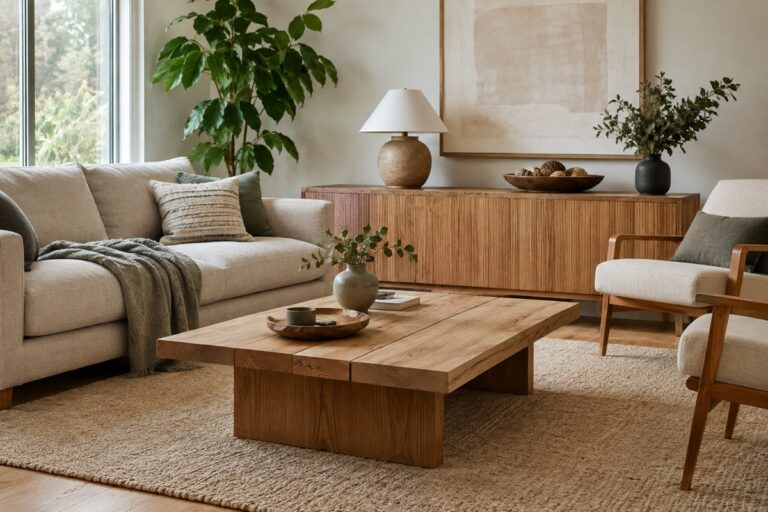 salon chaleureux avec une table basse en bois