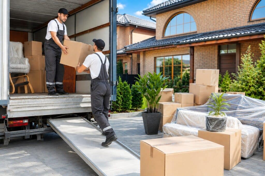 Déménageurs déchargeant cartons et meubles devant une maison