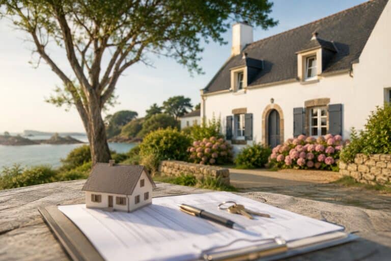 Maison de vacances en bord de mer avec contrat d’assurance et clés au premier plan