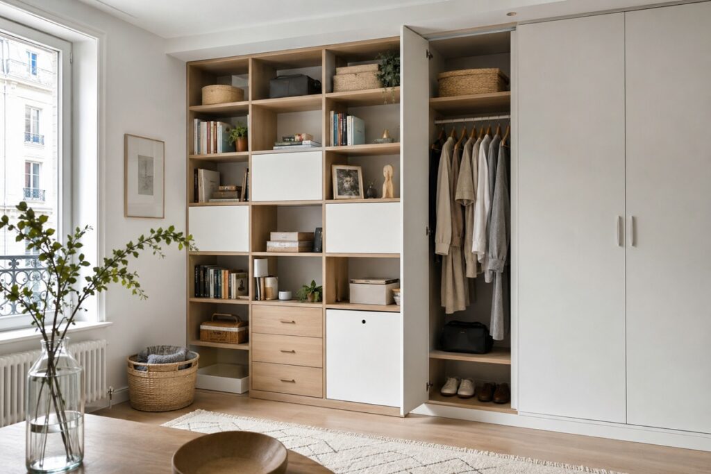 Une pièce aménagée avec un grand meuble de rangement modulable en bois clair et blanc