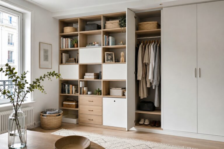 Une pièce aménagée avec un grand meuble de rangement modulable en bois clair et blanc