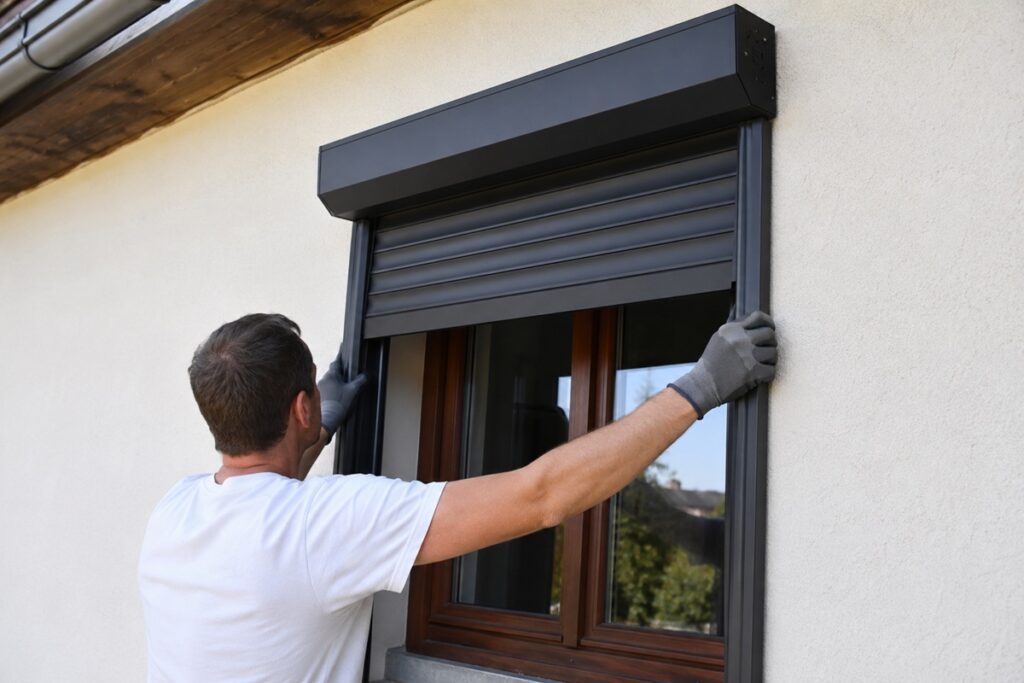 homme qui installe un volet roulant