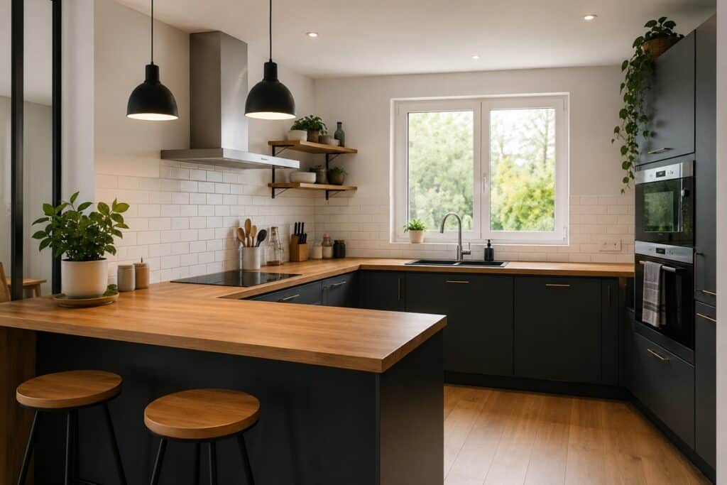 Cuisine moderne aux tons bois et anthracite