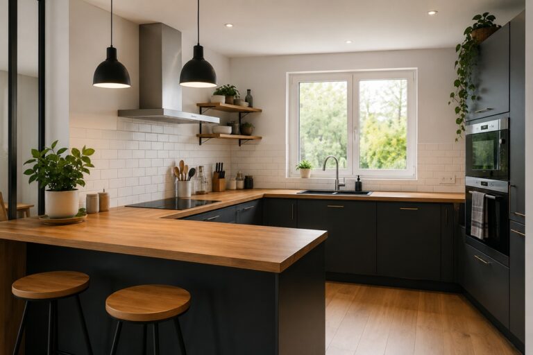 Cuisine moderne aux tons bois et anthracite