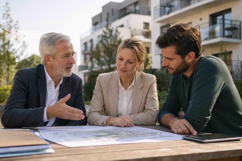 Réunion immobilière en plein air autour de plans architecturaux