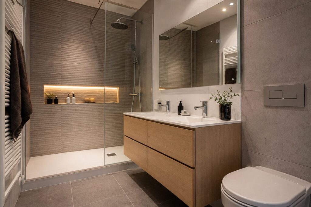 Salle de bain contemporaine aux tons neutres