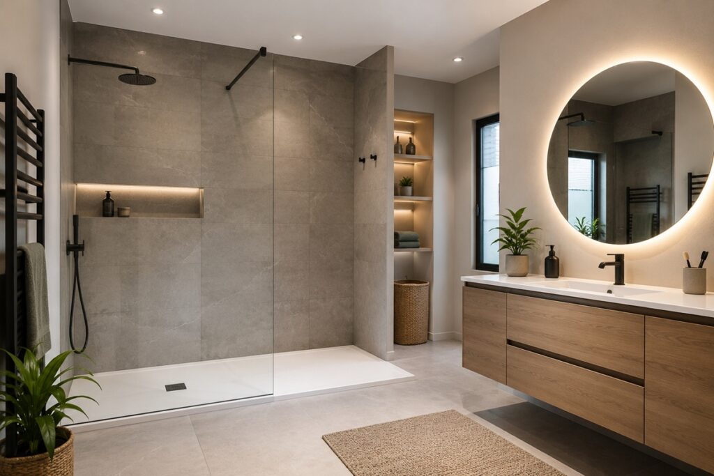 Salle de bain moderne aux tons naturels avec une grande douche