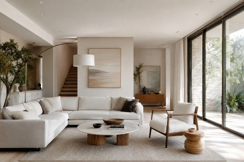Salon minimaliste baigné de lumière naturelle