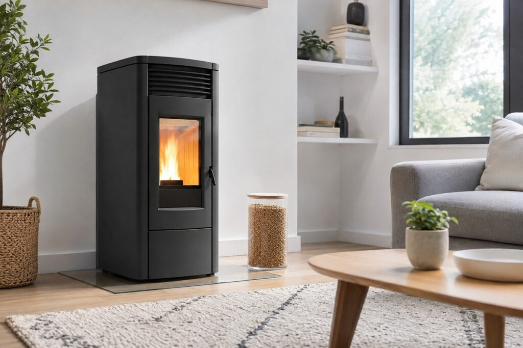 salon scandinave avec un poêle à granulés