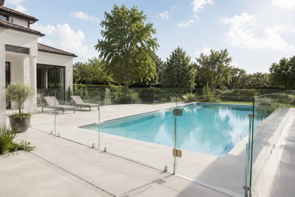 Piscine contemporaine derrière une barrière vitrée