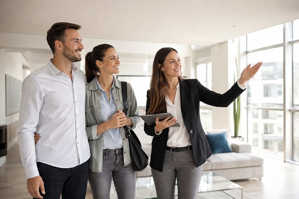 couple visite un bien immobilier lumineux avec une agent immobilier