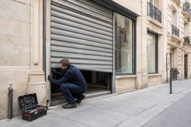 Technicien dépanne un rideau métallique parisien