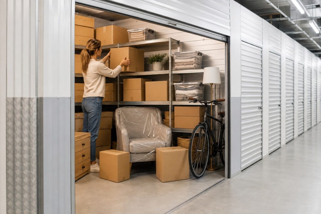 Une femme range des cartons dans un garde-meuble moderne et lumineux