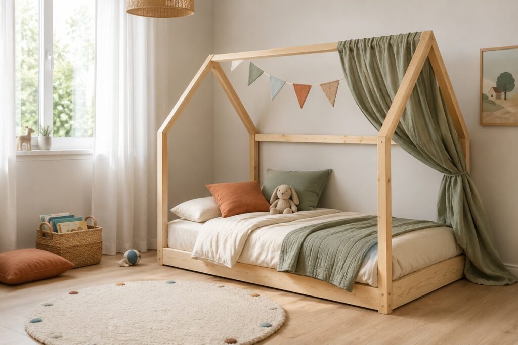 Chambre d’enfant lumineuse avec lit cabane