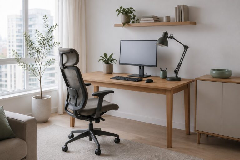 Bureau de télétravail lumineux et ergonomique