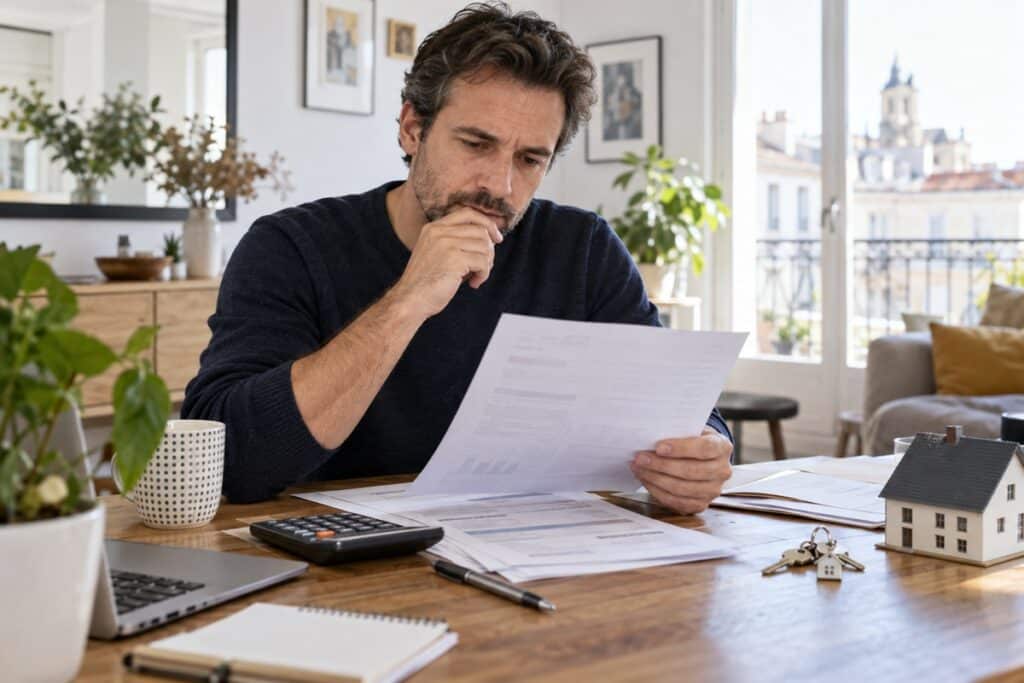 Homme réfléchissant devant ses documents