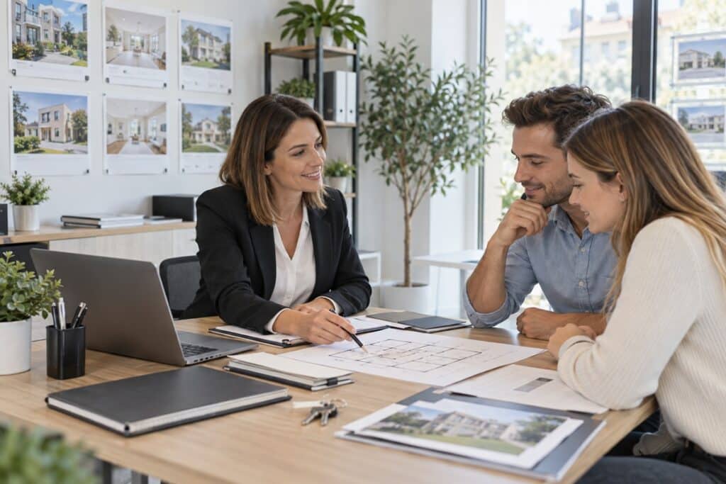 Consultation immobilière autour d’un plan dans une nouvelle agence