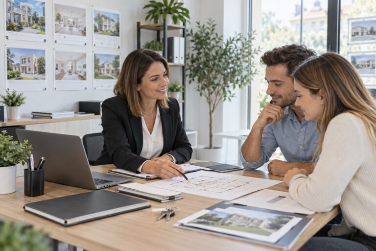 Consultation immobilière autour d’un plan dans une nouvelle agence