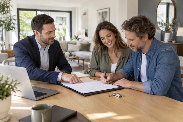 Un couple signe un mandat immobilier exclusif avec un agent dans leur maison