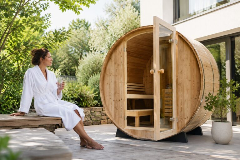 Sauna tonneau au jardin, matin paisible