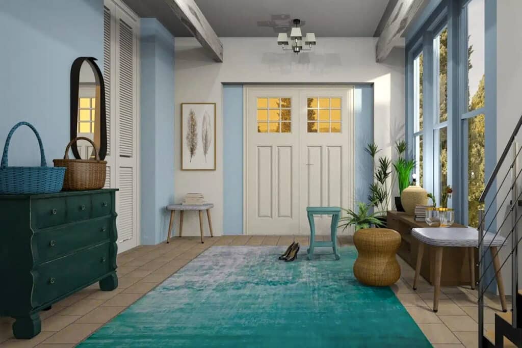 beau tapis bleu dans l'entrée d'une maison