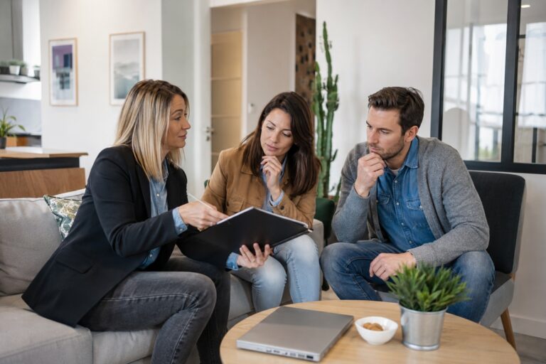 Réunion collaborative autour de documents lors d'un coaching immobilier