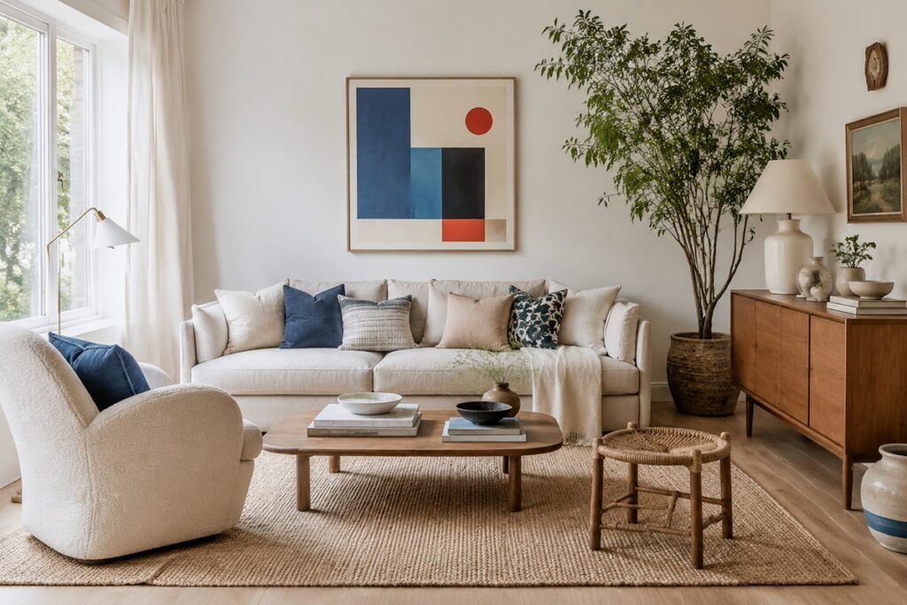 Salon lumineux, mix scandinave et vintage
