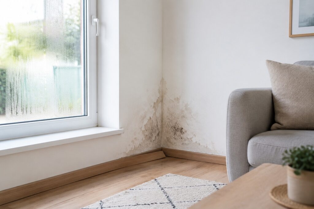 Condensation et mur humide dans le salon