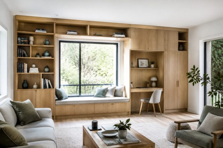 Salon lumineux avec bibliothèque en chêne sur mesure