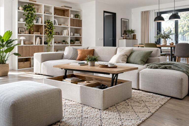 Salon scandinave lumineux aménagé avec des meubles modulables