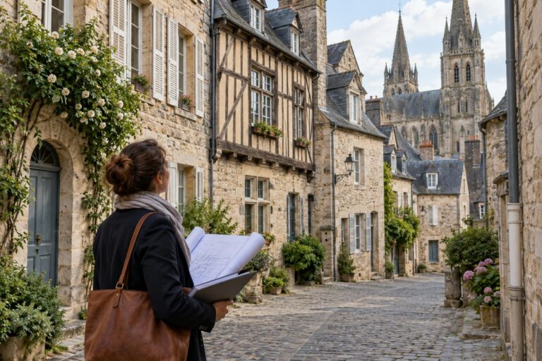 Une architecte observe le patrimoine ancien d’un centre historique protégé