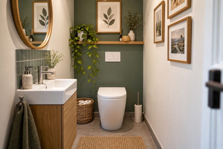 WC modernes décorés dans des tons verts et bois avec plantes, cadres et rangements
