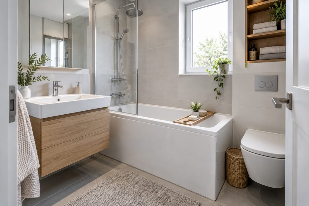 Une petite salle de bain moderne avec une baignoire compacte et un agencement astucieux