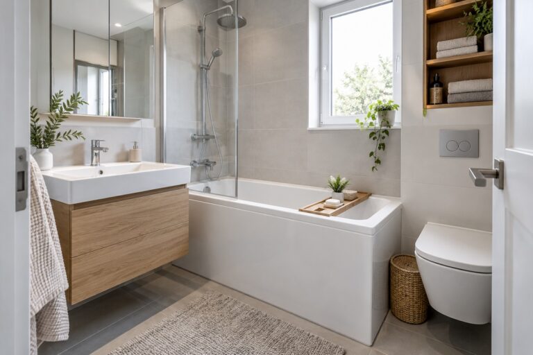 Une petite salle de bain moderne avec une baignoire compacte et un agencement astucieux