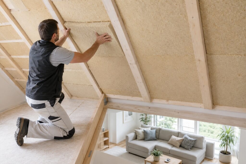 homme qui isole les combles de sa laison