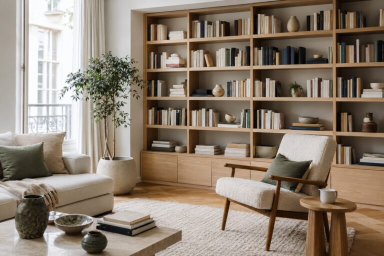 Bibliothèque élégante dans un salon lumineux