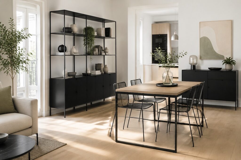 Mobilier métal élégant et fonctionnel dans une salle à manger