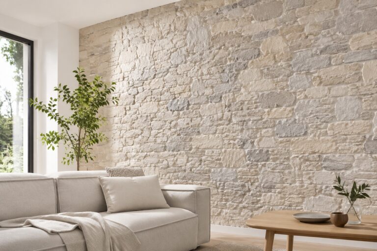 Salon lumineux avec un élégant mur en fausse pierre claire