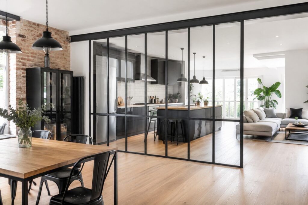 Verrière atelier noire dans un intérieur lumineux
