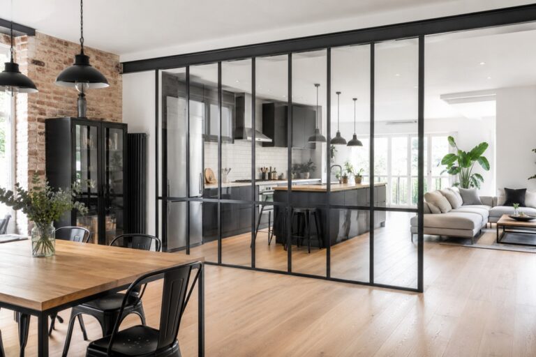 Verrière atelier noire dans un intérieur lumineux