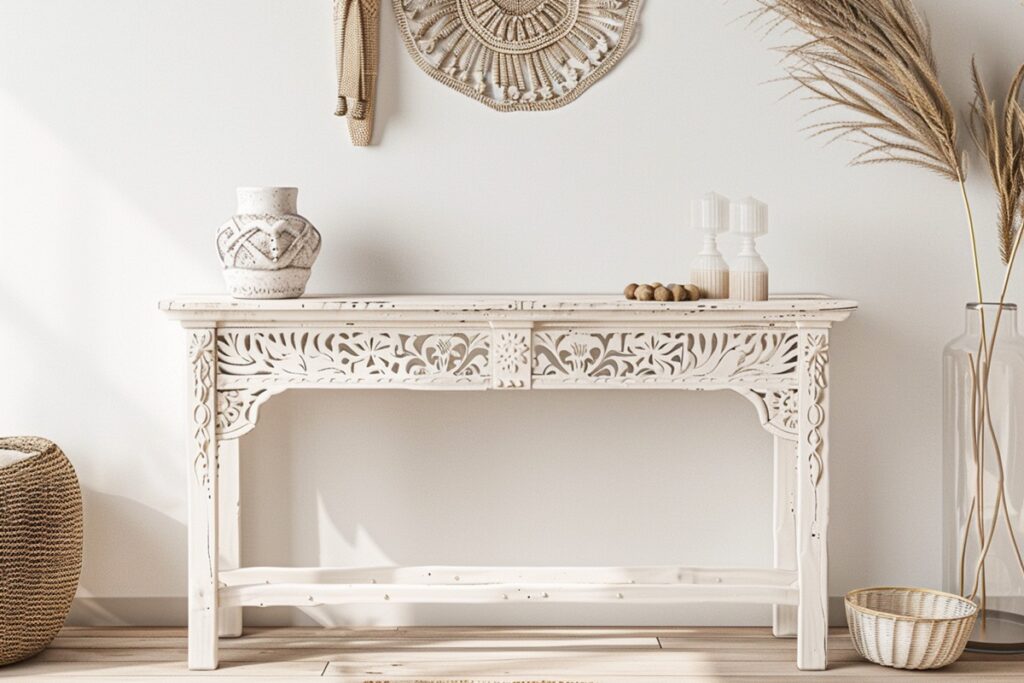 belle console en bois blanche avec décoration naturelle