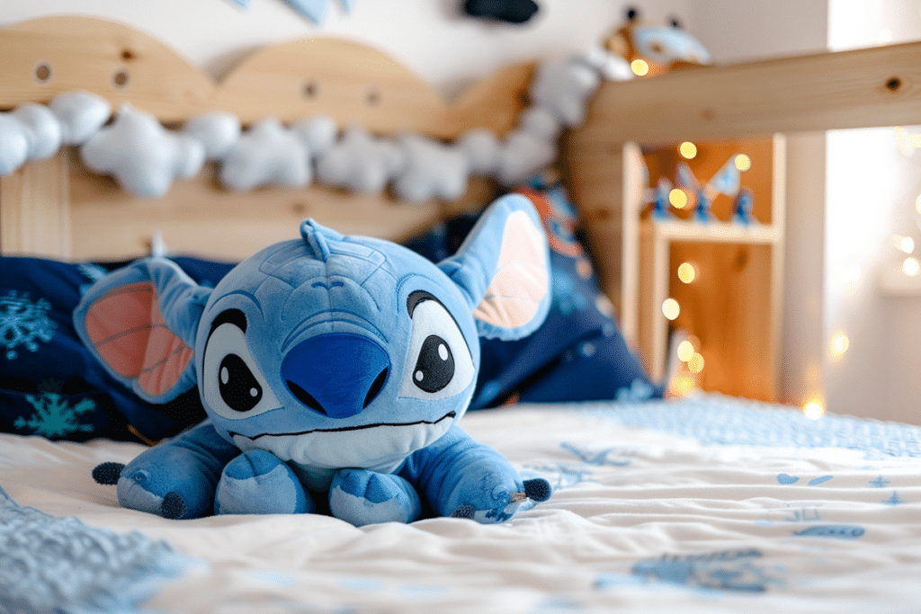 peluche Stitch posée sur un lit