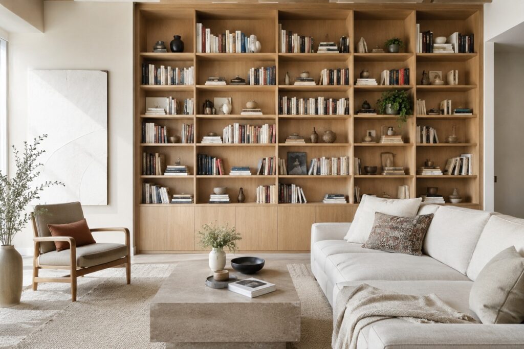 Bibliothèque intégrée dans un salon lumineux